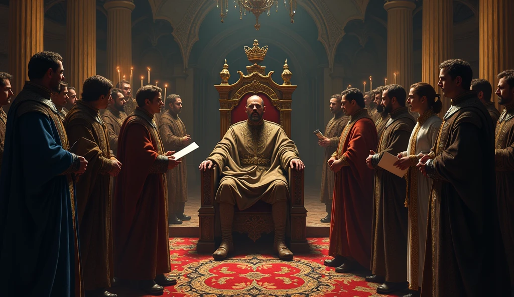A dramatic and cinematic illustration depicting Edward III's envoys presenting their demands in the French court. The scene is set in a grand, shadowy hall with high, vaulted ceilings and ornate medieval architecture. Felipe VI sits on his elaborate throne, his expression one of visible irritation and tension, draped in regal, richly embroidered robes. His crown is slightly askew, symbolizing his displeasure. The envoys, in detailed period attire, stand before him with formal yet defiant postures, holding scrolls and documents. The atmosphere is heavy with a sense of impending conflict, accentuated by flickering torchlight and dark, moody colors. Intricate textures and dramatic lighting, characteristic of Edmund Blair Leighton's style, enhance the intensity of the diplomatic confrontation, underscoring the gravity of the demands and the volatile state of relations., Surrealism, Hyperrealism, UHD, retina, masterpiece, accurate, anatomically correct, textured skin, super detail, 16k