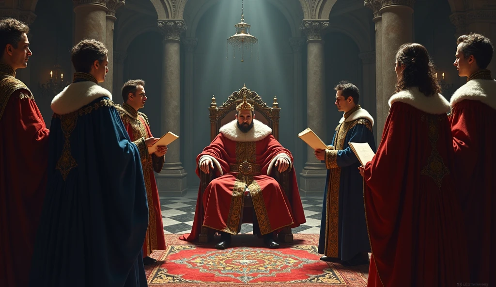 A dramatic and cinematic illustration depicting Edward III's envoys presenting their demands in the French court. The scene is set in a grand, shadowy hall with high, vaulted ceilings and ornate medieval architecture. Felipe VI sits on his elaborate throne, his expression one of visible irritation and tension, draped in regal, richly embroidered robes. His crown is slightly askew, symbolizing his displeasure. The envoys, in detailed period attire, stand before him with formal yet defiant postures, holding scrolls and documents. The atmosphere is heavy with a sense of impending conflict, accentuated by flickering torchlight and dark, moody colors. Intricate textures and dramatic lighting, characteristic of Edmund Blair Leighton's style, enhance the intensity of the diplomatic confrontation, underscoring the gravity of the demands and the volatile state of relations., Surrealism, Hyperrealism, UHD, retina, masterpiece, accurate, anatomically correct, textured skin, super detail, 16k