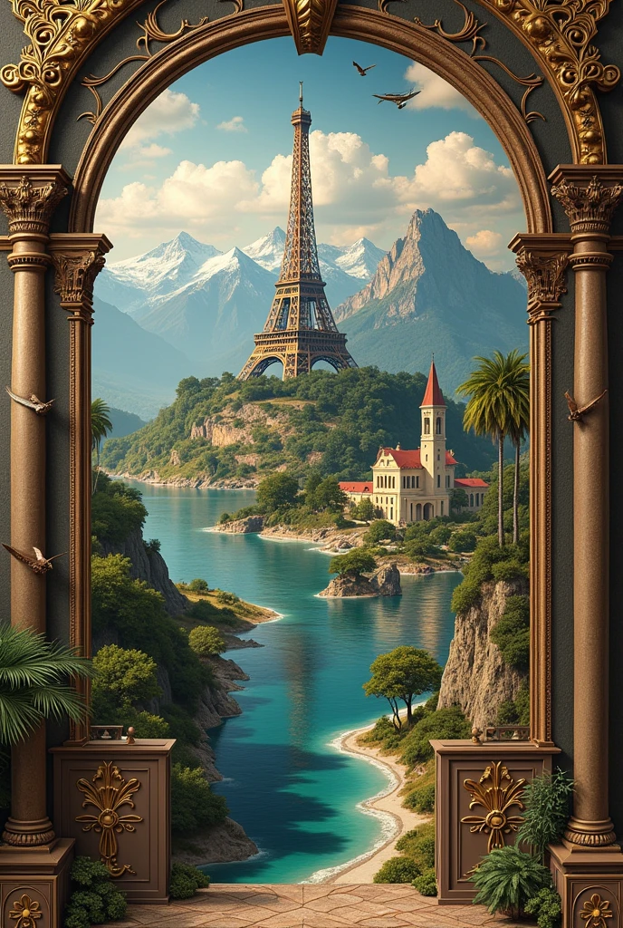 a renaissance wallpaper fusion of the main elements of paris bariloche and rj without people with surreal atmospheres