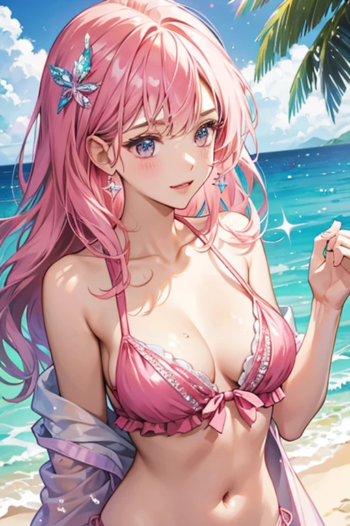 Her swimwear is a pink bikini for summertime SPARKLE; GLITTER
