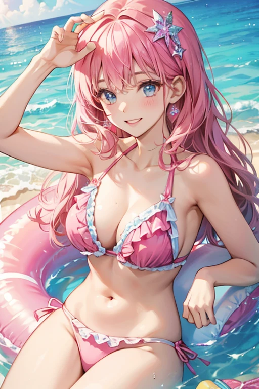 Her swimwear is a pink bikini for summertime SPARKLE; GLITTER