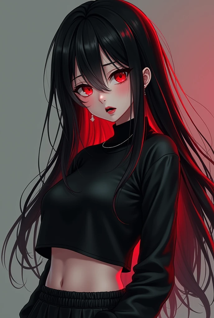 anime girl, with black hair and red highlights, without bangs her hair is long, His eyes are large and deep red, Her lips are black and her eyeliner is also black.. She is wearing a black crop top and black baggy pants and a light blush on her cheeks and the tip of her nose.