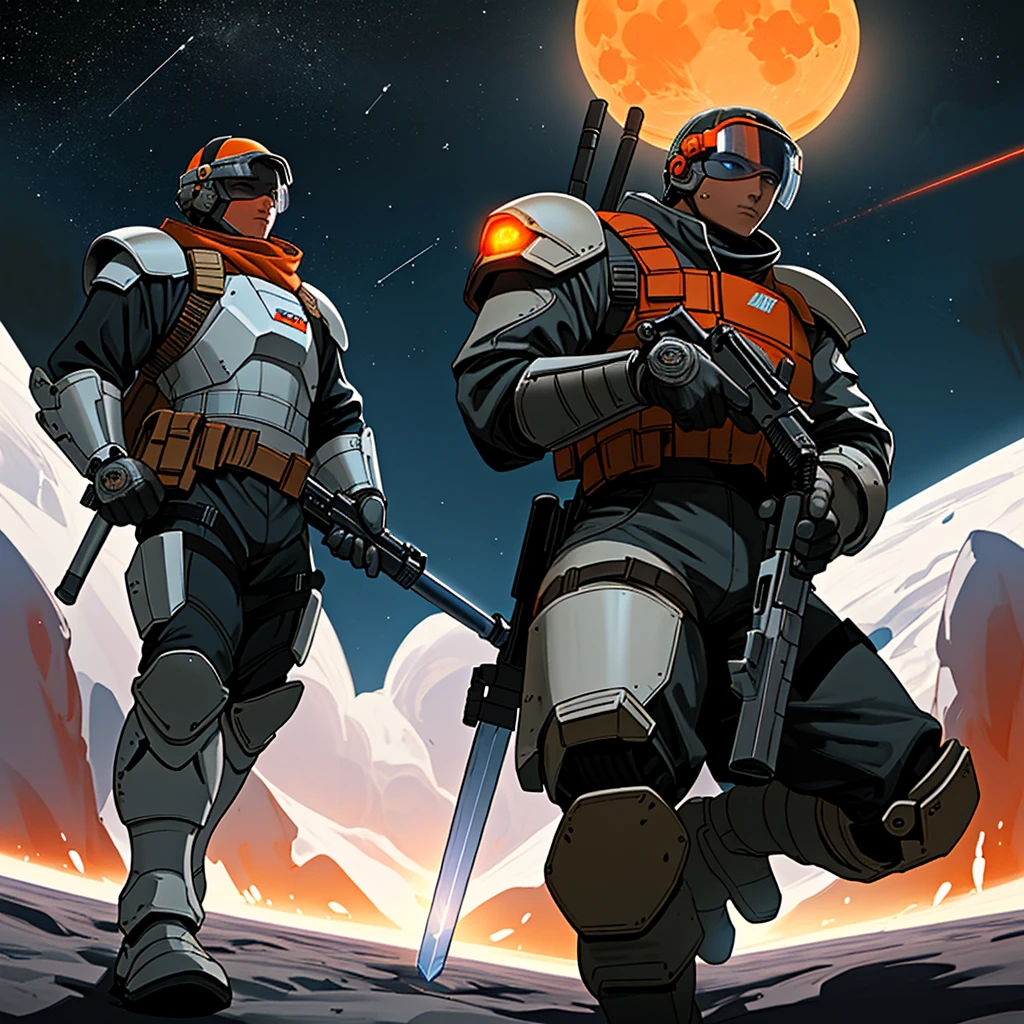 Space soldier, orange visor, full seal helmet, armor, rifle, moon in background, laser sword, night,Masterpiece, Anatomically Correct, fighting, firing weapon, battle in background