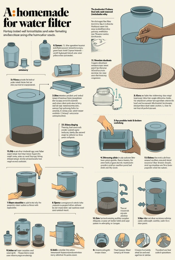 Create step-by-step images on how to build a homemade water filter