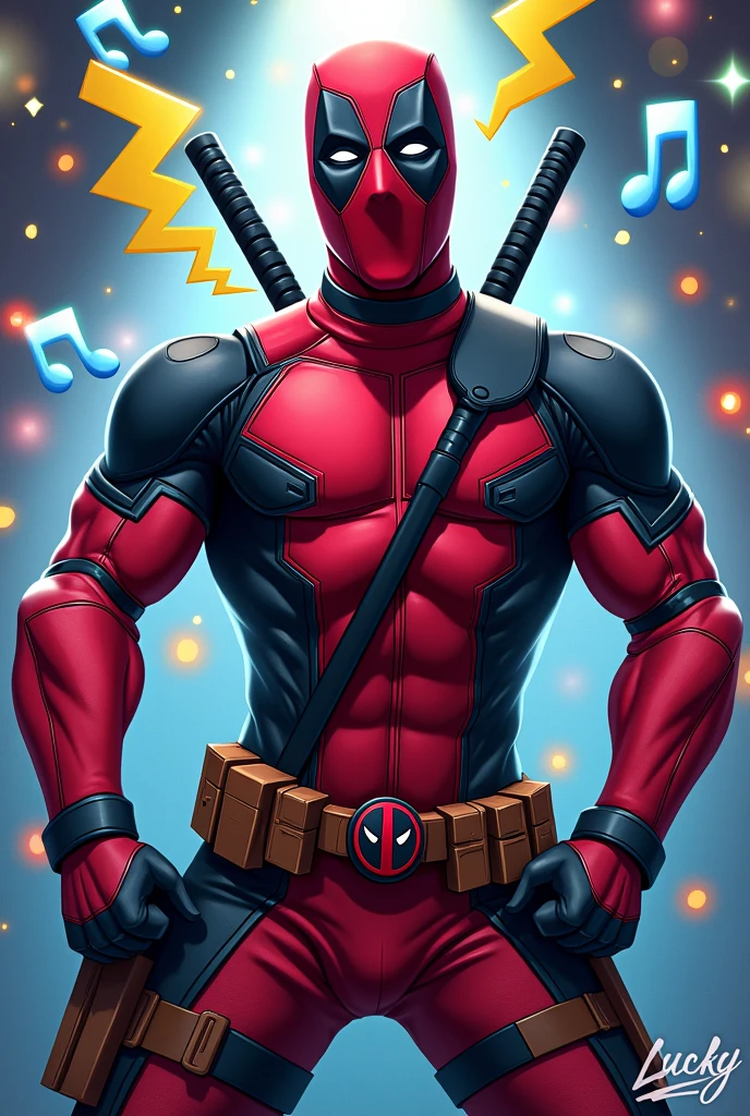 Deadpool with the symbol of lucky Trevor Green, yellow star and music symbol color blue. Lucky, singing karaoke with headphones. Human body By: Sam Oca