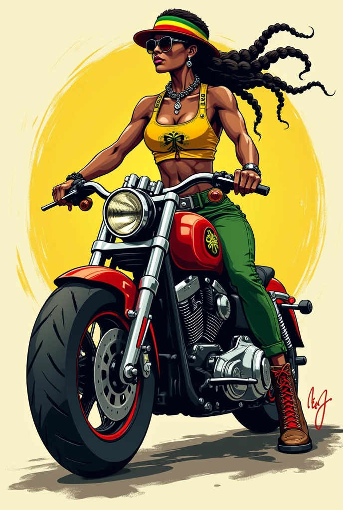 woman biker yellow red green and black rasta drawing in full body side position