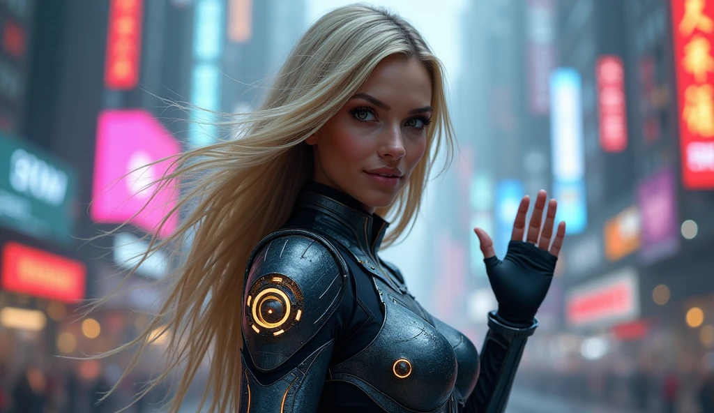 Female character wearing futuristic armor. You do NOT have to wear a helmet. She has fine blonde hair. I want it to be seen that it is a human person keeping the futuristic suit. Place it in a city with RTX neon highlights. The character must be facing forward with his hand waving, smiling. Make the image lighter and the background darker. 
