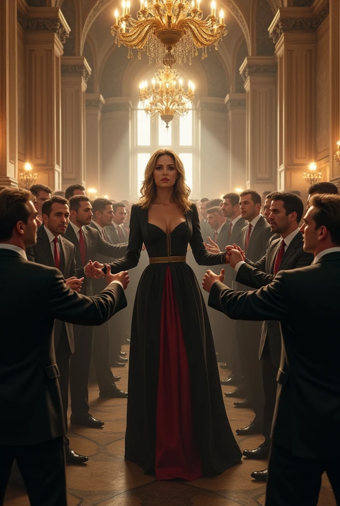 Lady surrounded by men debating
