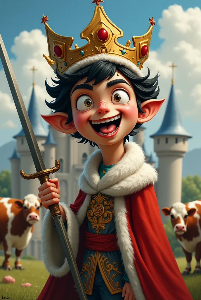 crazy king, Youngh, with crown, cross-eyed, cloused mouth, showing the tongue, sword in hand, castle in the background, cows in the background
