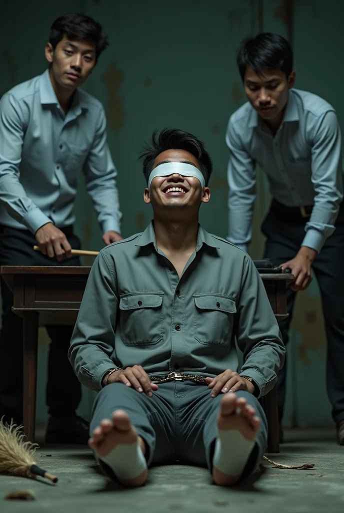 Malaysia malay handsome 19 years student
He laugh very hard
His hand handcuff in abondon warehouse
Blindfolded
handcuff
Grey Work Outfit
Focus feet on desk
feather duster on desk
White sock
2 man holding feather duster