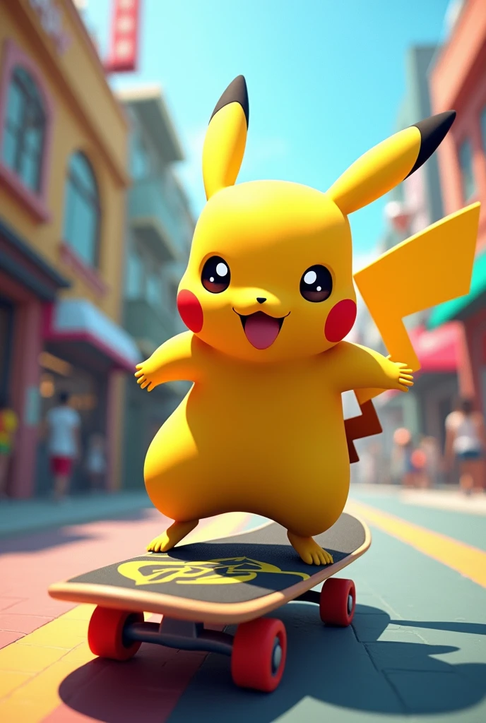 A pikachu riding a skateboard