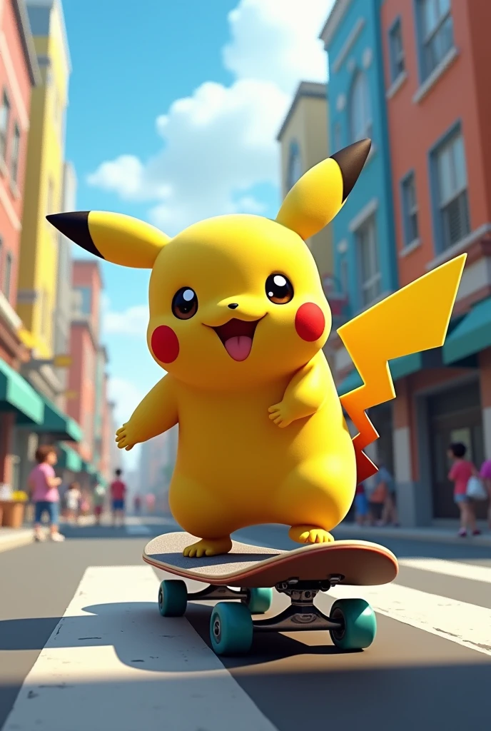 A pikachu riding a skateboard