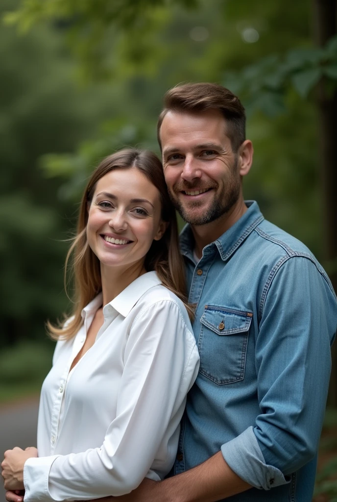 The image shows two people, a woman and a man.The two are standing close together, giving the impression of an intimate relationship.The woman is wearing a white shirt and the man a denim shirt, casual attire.Lush green trees can be seen in the background, indicating that the photo was taken in a natural setting.The light clearly shows the shadows of the couple, giving the photo an atmospheric feel.The overall color palette is subdued, and the expressions on the couple's faces are calm and relaxed.