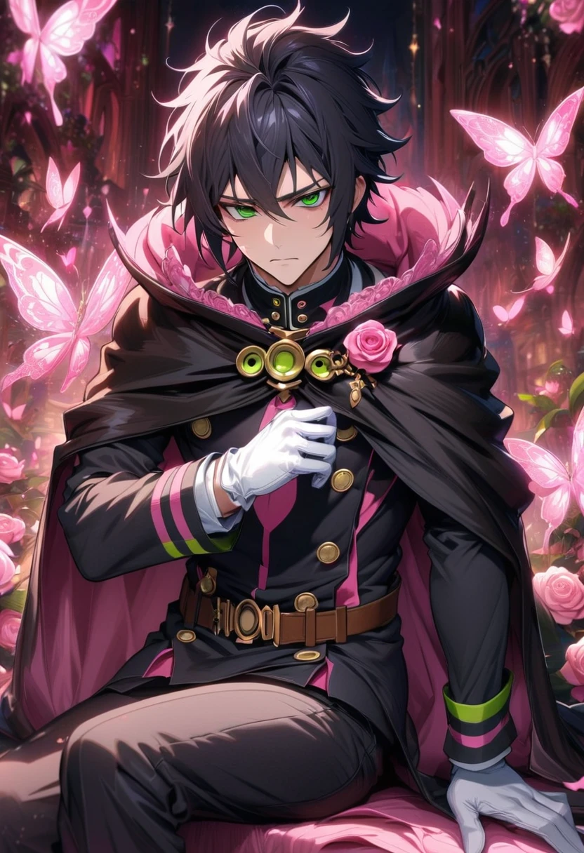 absurdres, highres, ultra detailed, HDR, masterpiece, extremely detailed, detailed eyes, detailed face, Hyakuya Yuuichirou, black hair, expressive green eyes, Owari No Seraph, solo, sexy man, adult face, mature man, sitting, handsome, sensual, black clothes, black cape, white gloves, long sleeves, brown belt, black pants, pink roses, pink petals, fantasy, magical, pink moon, pink glittering butterflies, pink round lights
