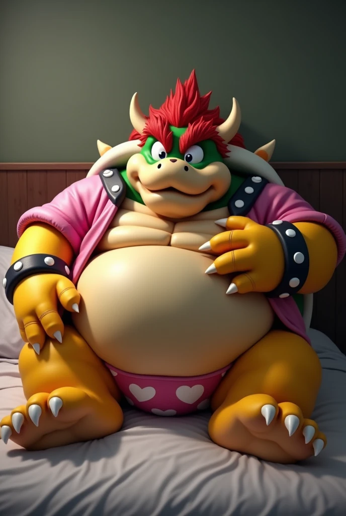 Bowser from Super Mario, Extremely obese, chubby, embarrassed, huge round belly, big moobs, heart underpants, pink tight short sleeves t-shirt, laying on a bed, one hand on the belly