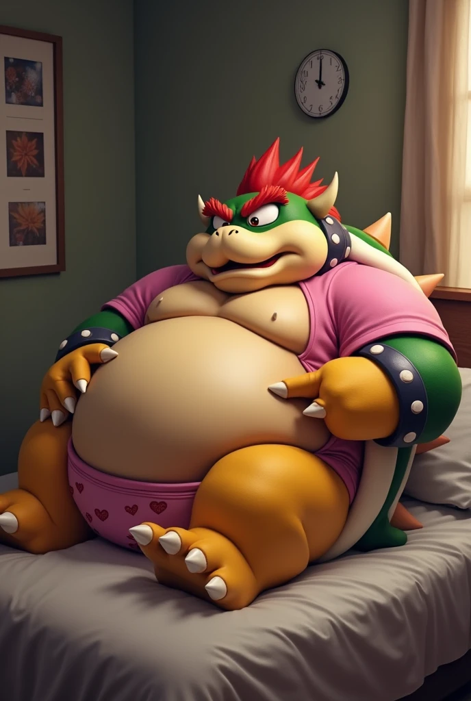Bowser from Super Mario, Extremely obese, chubby, embarrassed, huge round belly, big moobs, heart underpants, pink tight short sleeves t-shirt, laying on a bed, one hand on the belly