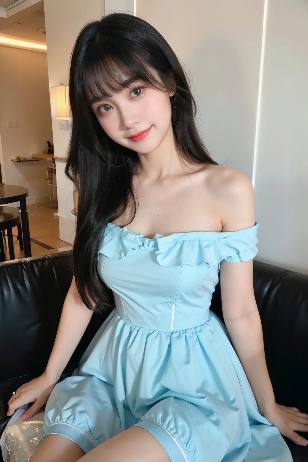best quality, ultra high res, long black hair, tan skin, happy, smiling, looking at camera, light blue dress, Lolita dress, hair down, dark eyes, super cute face, big eyes, light agyosal makeup,