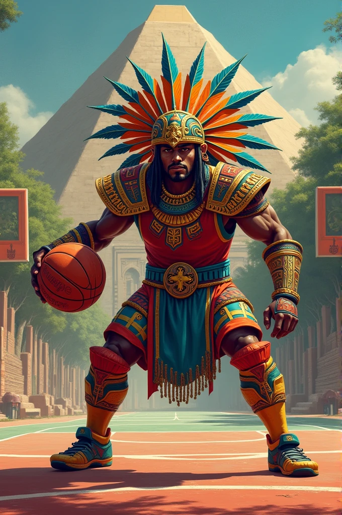 Aztec eagle knight playing basketball
