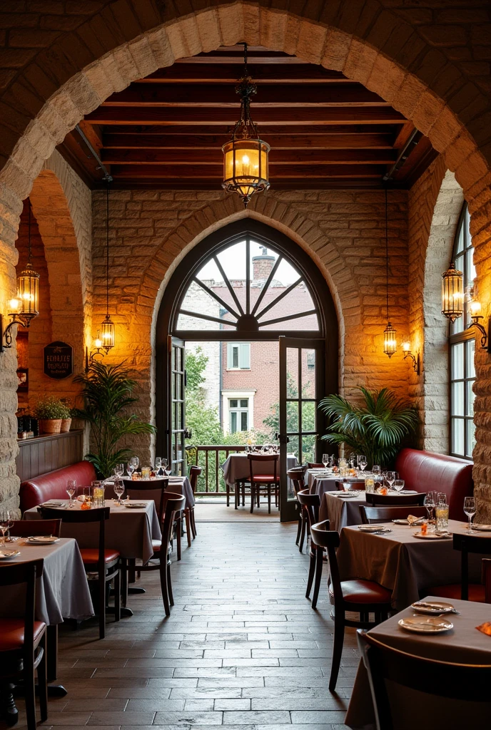 Make me a restaurant that includes stone arches, High ceilings with exposed wood beams and exposed brick walls. From another point of view