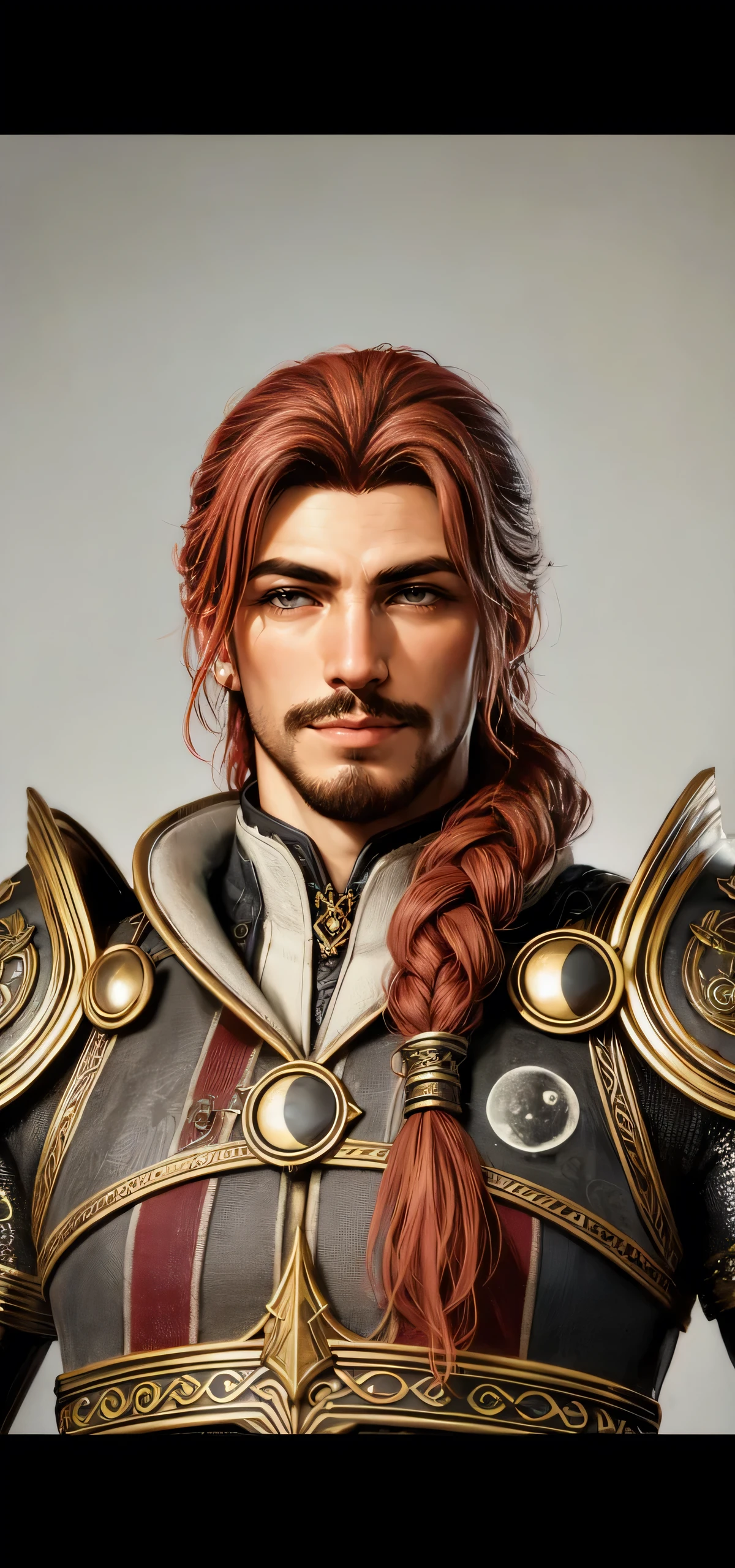 male character with mature redhead moon drawing one white eye and one black eye long hair with braid mustache tray