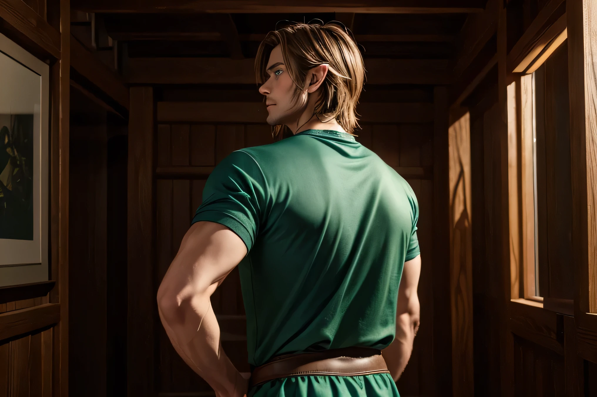 Back view of a man standing in a dark wooden room、Very detailed, Live Action、Ultra-realistic digital portrait of Link from The Legend of Zelda, Very detailed facial features, Piercing blue eyes, Sharp jawline, disheveled brown hair, Confident expression, Green themed elven clothing