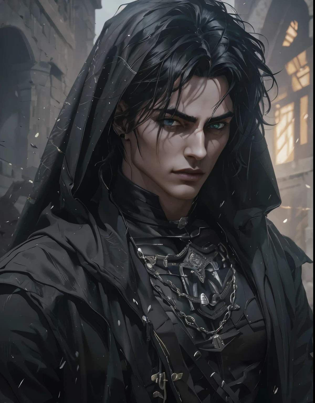 (an androgynous male assassin:1.1),wild black hair,green eyes,slim,black assassin clothing,in a castle,medium:oil painting,detailed background,moody lighting,vivid colors,dark and mysterious ambiance,ominous atmosphere