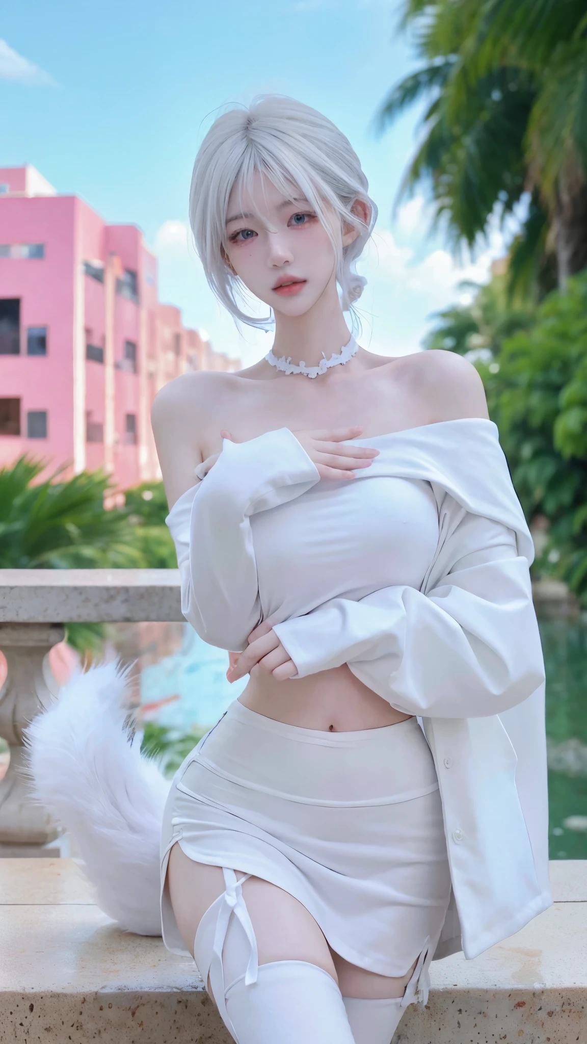 Beautiful woman with perfect figure:1.4,4K,Yoga background,Ultra-high resolution,Seductive laughter,White Legs,(Lifelike:1.4),Layered hairstyle,White skin,Yoga Clothing,whole body,Very delicate face and skin texture,Double eyelids,Skin Whitening,White hair,