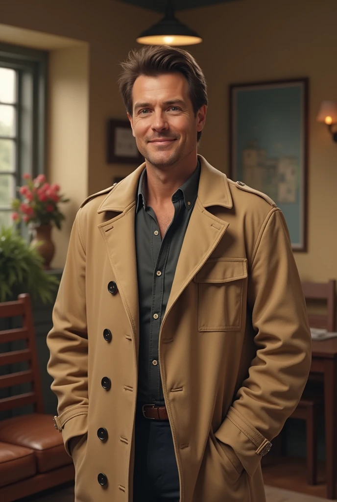 White man with brown hair, beige long coat, 90s sitcom, live action, realistic