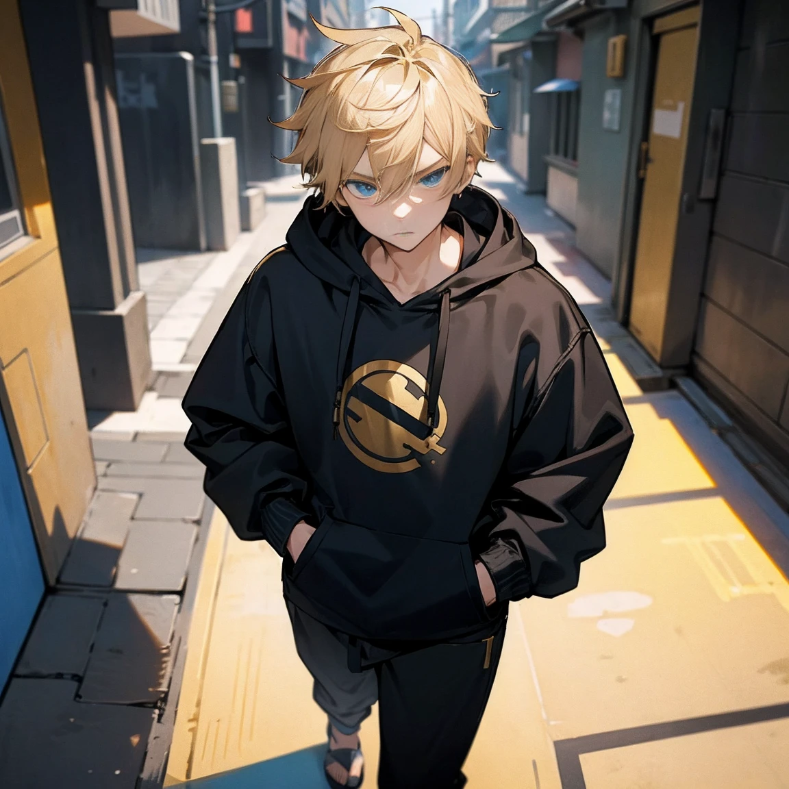 1male, teen, finely detailed blue eyes, messy short blonde hair, Black Hoodie with gold logo on front, loose oversized hoodie, loose black jogging pant, walking down alley, posing with hand in pocket, serious face