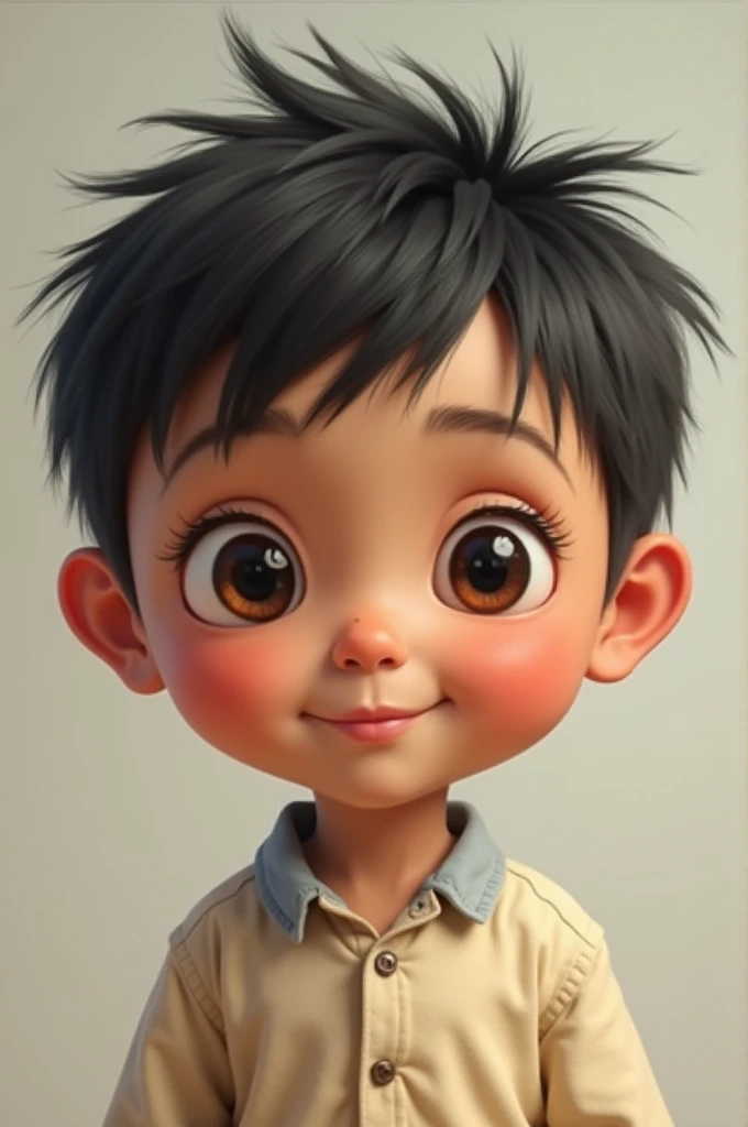 Give me a child who is neither white nor black with a mole on his eyebrow who looks half Chinese but is Peruvian, short and a little chubby.