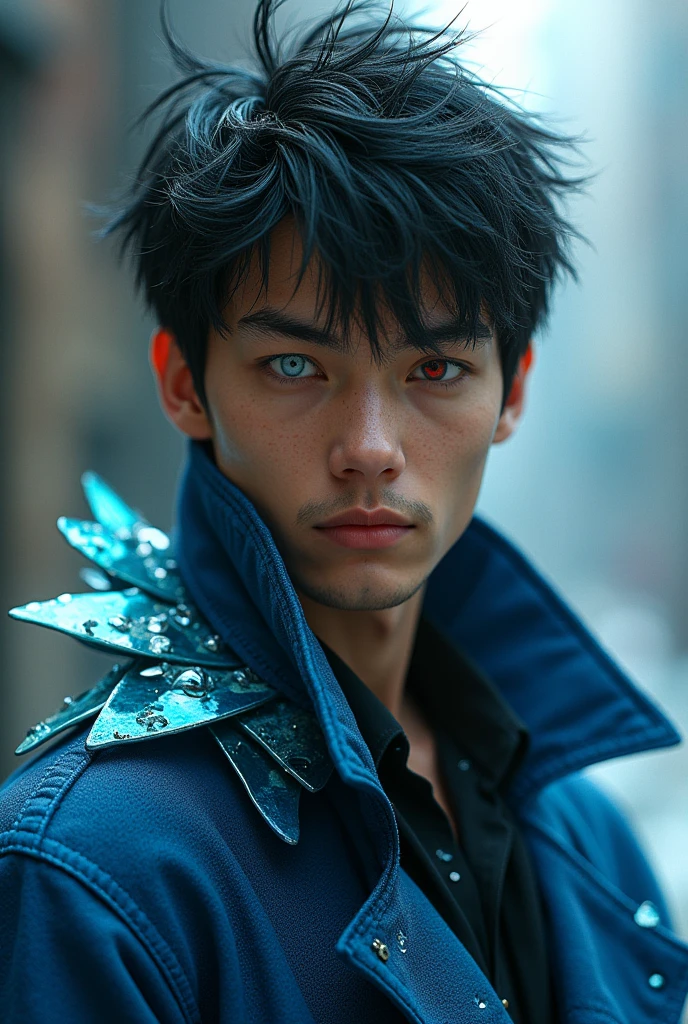 A young man with tan skin and spiky black hair,one white eye and one red,a blue overcoat and shards of glass wrapped around it