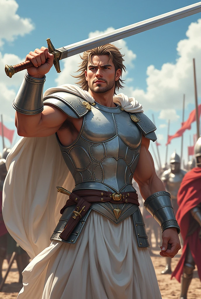 Ancient Greek Swordsman, wearing silver armor, white clothes, in battle pose, holding an epée, best qualityer,4K, maximum detail, ((anime styling)) 