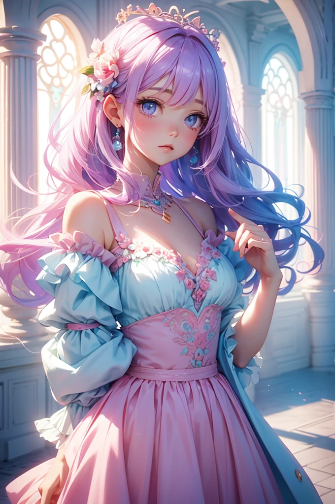Pink and light blue dreamy hair　Wave Shorthair　Purple Eyes　beautiful girl　beautiful　Pastel colored clothes　Flower Hair Ornaments　Fluttering Hair　Fairytale castle