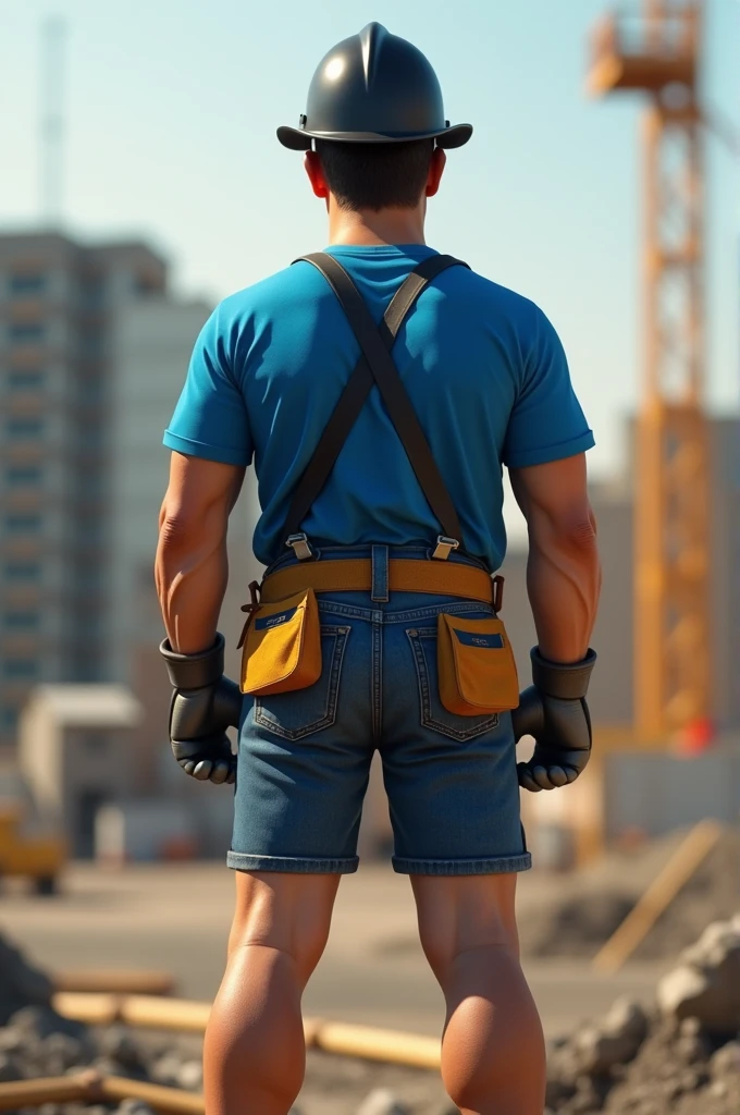 Caricature 4D,man,black hat,construction worker,shorts,blue t-shirt,Hiperreallis,High contrast,8k,details,ass focus