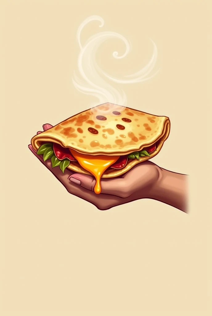 Generate a logo for a pupuseria in which there is a hand holding a piece of pupusa and when holding it you can see the cheese on the pupusa that is an orange tone in the background.