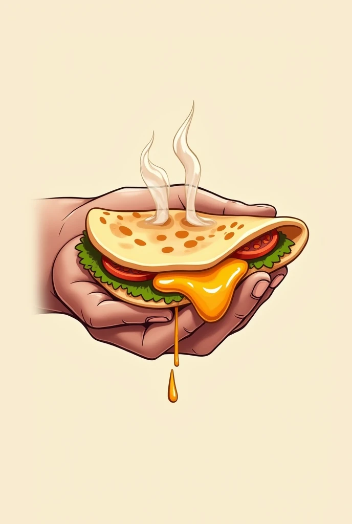 Generate a logo for a pupuseria in which there is a hand holding a piece of pupusa and when holding it you can see the cheese on the pupusa that is an orange tone in the background.