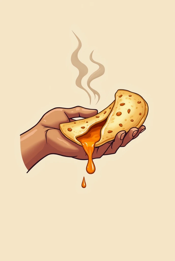 Generate a logo for a pupuseria in which there is a hand holding a piece of pupusa and when holding it you can see the cheese on the pupusa that is an orange tone in the background.