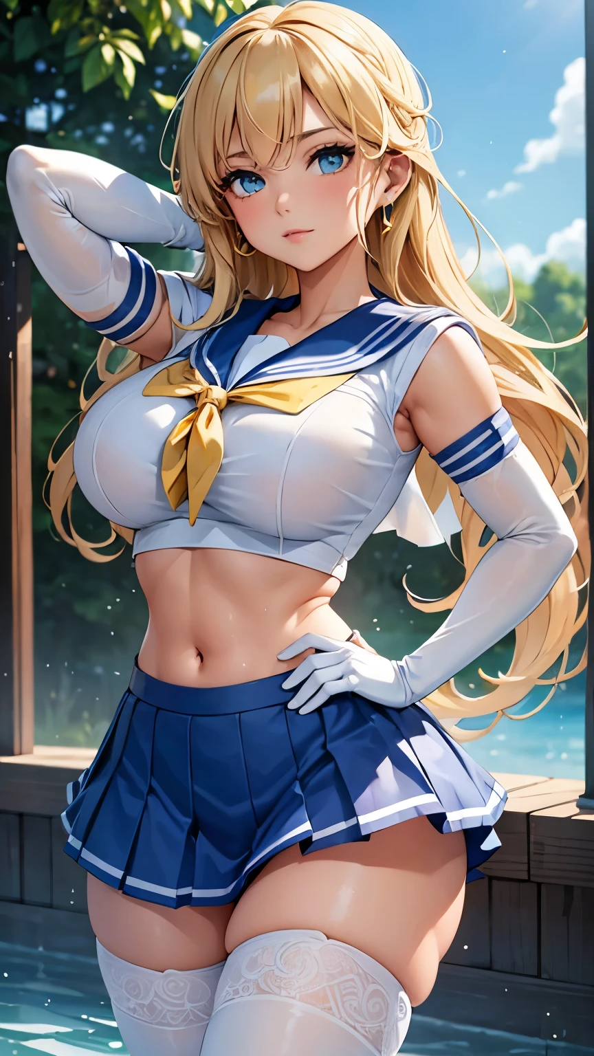 Close up, 1 girl, sailor, Tsukino Usagi, (sailor chiseki uniform:1.2),wet, See-Through top, (aqua eyes:0.9), blonde hair, medium hair, wedge skirt, best quality, earrings, masterpiece, high resolution, intricate details, (realistic)), photography, (white elbow gloves:1.1), white stocking, huge breasts, hourglass figure, exposed navel, full body, dynamic background, dynamic pose, white