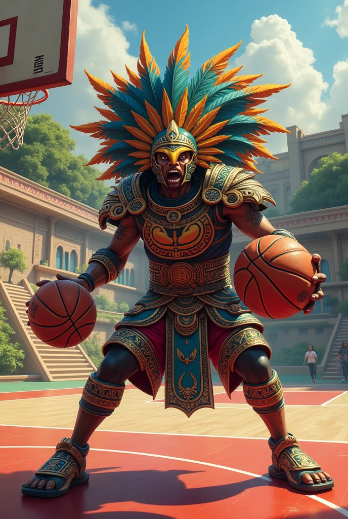 Aztec eagle knight playing basketball