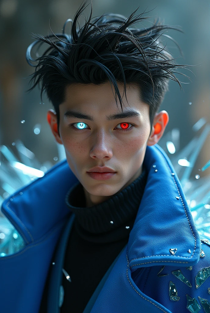 A young man with tan skin and spiky black hair,one white eye and one red,a blue overcoat and shards of glass wrapped around it