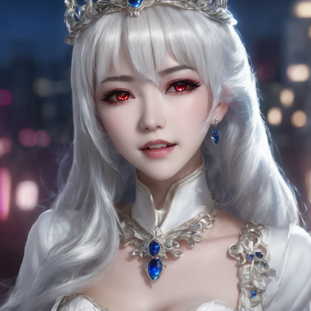 One girl, Long Hair、White Hair、Silver Hair．ギザギザなteeth．
Princess Teresa，White skin, large breasts, Pointy Ears, Blushing, masterpiece, とてもLong Hair, Gray Hair, Sparkle Effect, Background blur, Lady wearing a white dress、Princess Teresaは幽霊でギザギザなteethを持つ舌の長い巨胸な令嬢です。poses shyly with tongue out、White wax skin、Pale background、Dark room bed tongue, teeth, Sticking out tongue, Red colored eyes, saliva, Blue Mouth、Inky、Lens flare, masterpiece, Gaze, Bangs between the eyes, Female monster、Beautiful Vampire、White wax skin、Show your fangs、Attacking a person、Snake-like eyes