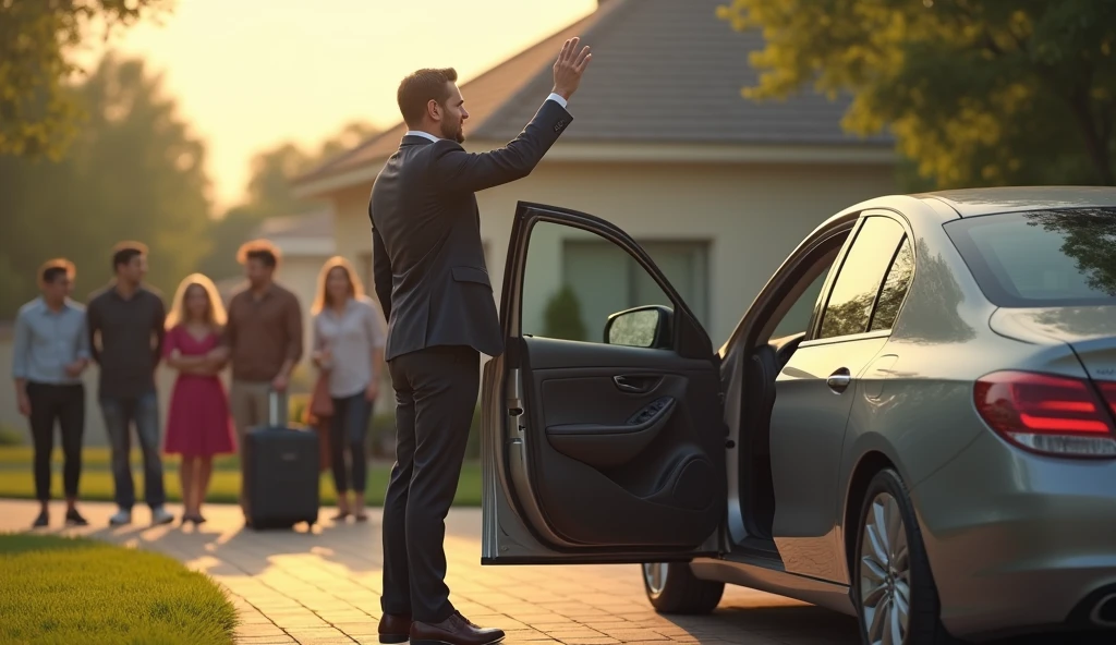 A person getting into a car saying goodbye to other people for vacation