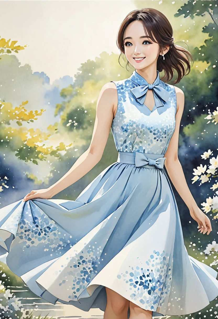 8K,Masterpiece,Top Quality,Dynamic Pose,Beautiful Woman with Long Hair,Smile: 1.6,Japanese Beauty,A sleeveless midi dress with a high neckline and a large bow tied elegantly at the neck. The dress is fitted at the waist, flaring out into a flowing A-line skirt that gracefully reaches mid-calf. The soft light blue color of the dress is calming and sophisticated, enhanced by a delicate watercolor-inspired abstract pattern. This pattern features subtle gradients of light blue and white, creating a refined and elegant look that is both feminine and poised,(((Watercolor)))