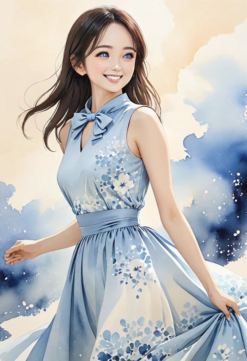 8K,Masterpiece,Top Quality,Dynamic Pose,Beautiful Woman with Long Hair,Smile: 1.6,Japanese Beauty,A sleeveless midi dress with a high neckline and a large bow tied elegantly at the neck. The dress is fitted at the waist, flaring out into a flowing A-line skirt that gracefully reaches mid-calf. The soft light blue color of the dress is calming and sophisticated, enhanced by a delicate watercolor-inspired abstract pattern. This pattern features subtle gradients of light blue and white, creating a refined and elegant look that is both feminine and poised,(((Watercolor)))