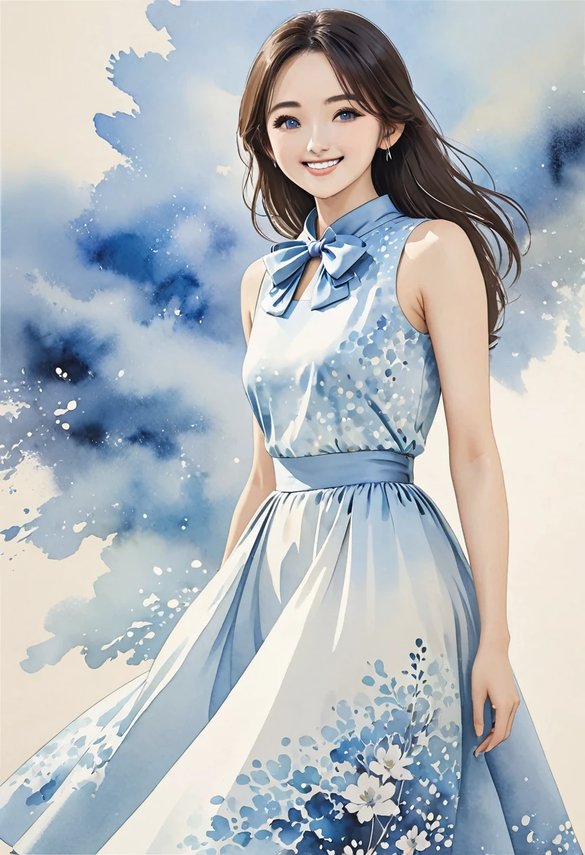 8K,Masterpiece,Top Quality,Dynamic Pose,Beautiful Woman with Long Hair,Smile: 1.6,Japanese Beauty,A sleeveless midi dress with a high neckline and a large bow tied elegantly at the neck. The dress is fitted at the waist, flaring out into a flowing A-line skirt that gracefully reaches mid-calf. The soft light blue color of the dress is calming and sophisticated, enhanced by a delicate watercolor-inspired abstract pattern. This pattern features subtle gradients of light blue and white, creating a refined and elegant look that is both feminine and poised,(((Watercolor)))