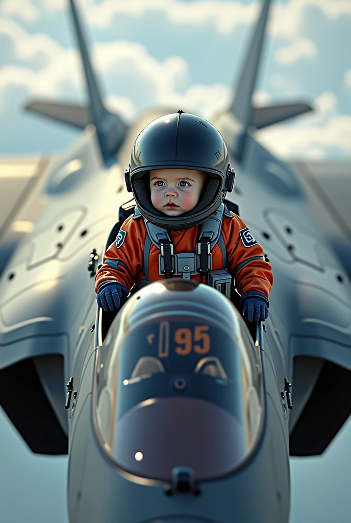 Newborn wearing a fighter pilot suit flying an F-35 aircraft. Picture from above, real as in real life.