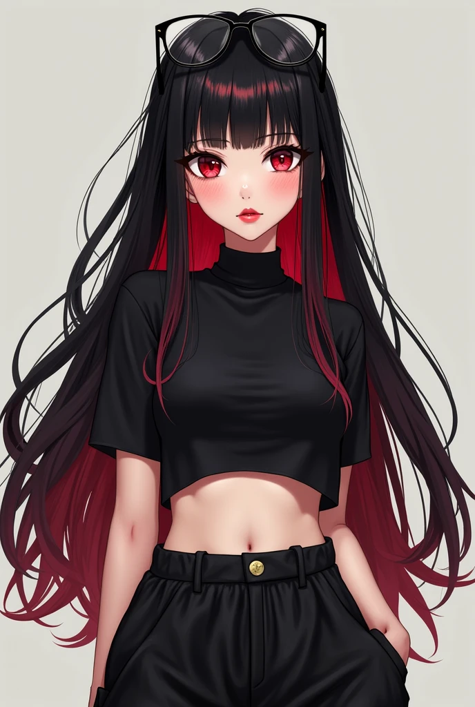 anime girl, with black hair and red highlights, without bangs her hair is long, His eyes are large and deep red, Her lips are black and her eyeliner is also black.. She is wearing a black crop top and black baggy pants and a light blush on her cheeks and the tip of her nose, con largas pestañas y lentes redondos en la cabeza.