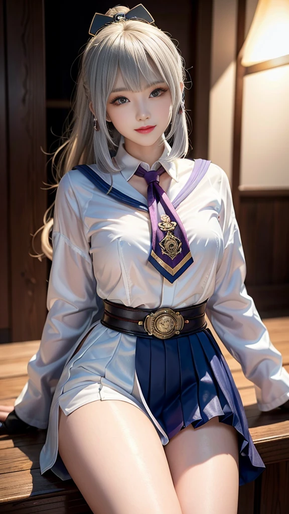 woman portrait、best quality、Random Angle、8K, Clear, Delicate skin、Clear, beautiful eyes、The beauty of a smile、明亮beauty的脸庞、whole body、curls、My hair was messed up by the wind、(Attractive muscle、High target),(fashionable_Predominant, fashionable Predominant), beauty,( Looking at the audience),Practical, high resolution, Soft Light,1 female, one person,Blonde Hair,Ponytail,Bangs,Delicate skin, Naughty look,((steampunk armor、Houndstooth)),Steampunk girl、An outfit adorned with lots of gear and watches,(Silver purple stripes,Lead sailor style armor)、beauty的蒸汽朋克公会职员服装银行家,(Silver purple machinery, High-tech mech,bead,Elbow gloves,gem,White dress shirt,Jeweled Short Tie,Steampunk body stockings,High Legs),(Bokeh),(Studio Lighting),Black leather skirt,Garter,