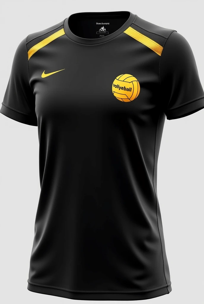 Black sleeved shirt with gold details with a print of a ball on the left corner, with the word volleyball written inside the teenage shirt