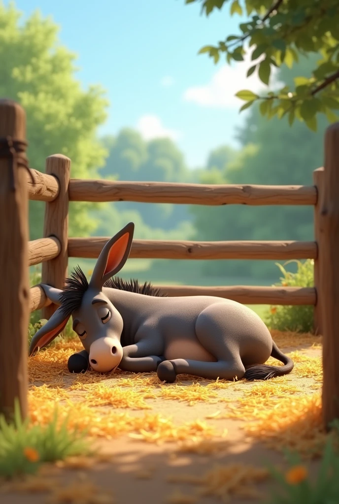 A donkey lying and sleeping on a pile of straw in a corner of a farm pen. The corral is surrounded by a wooden fence, and in the background you can see trees and a clear blue sky with soft morning light. in pixar style